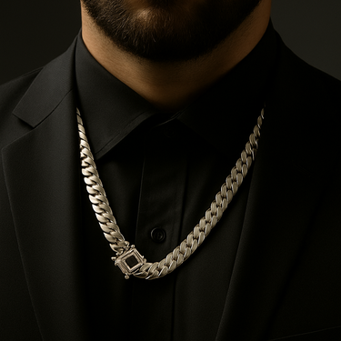 999 Silver Miami Cuban Chain – Onyx Brooch - 9mm / 60cm
